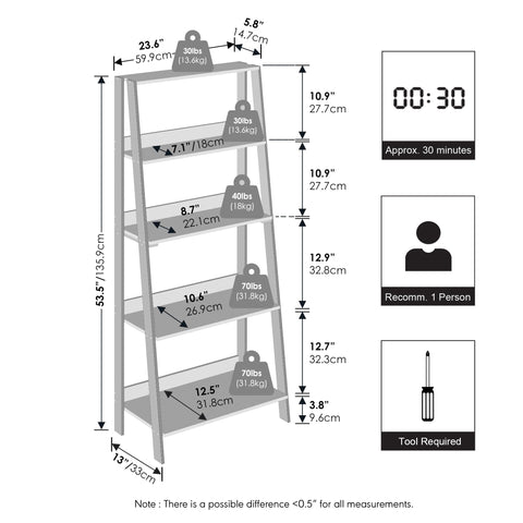 Furinno LADDER Display Shelf, 5-Tier Ladder Shelf, Ladder Bookshelf, Display Storage Shelves, 33 x 59.9 x 135.9 cm, for Living Room, Home Office