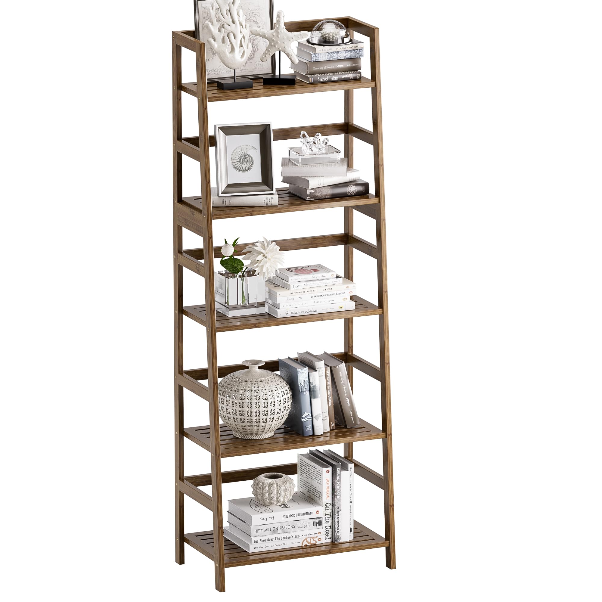 vovala Ladder Shelf, 5-Tier Bookshelf, All Bamboo Heavy Duty Bookcase, Freestanding Open Wood Storage Rack
