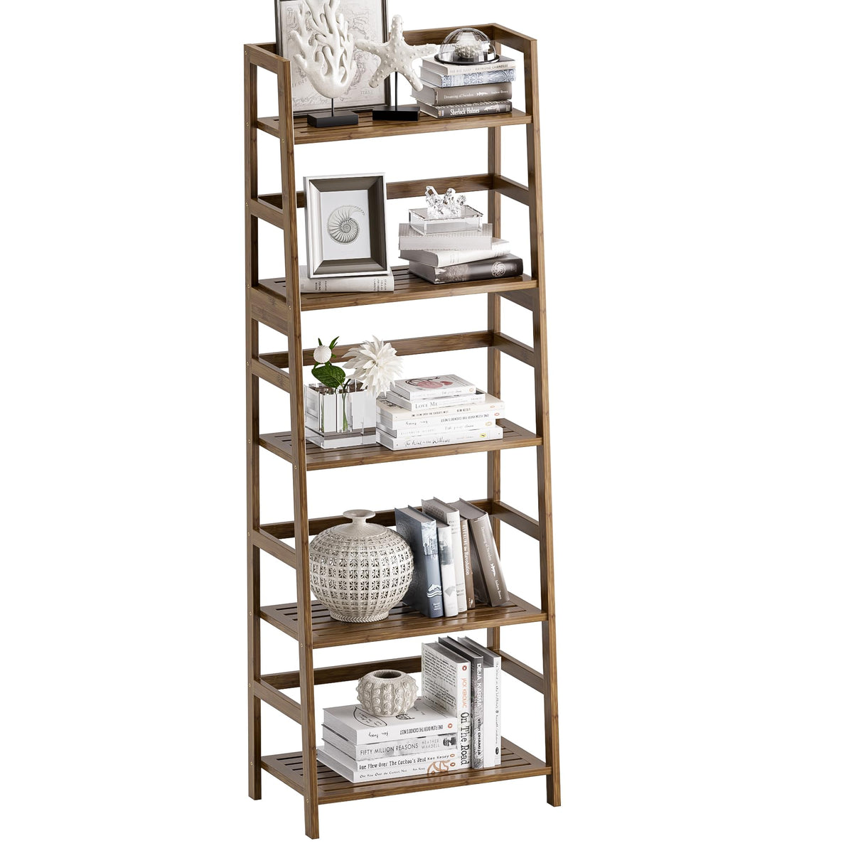 vovala Ladder Shelf, 5-Tier Bookshelf, All Bamboo Heavy Duty Bookcase, Freestanding Open Wood Storage Rack