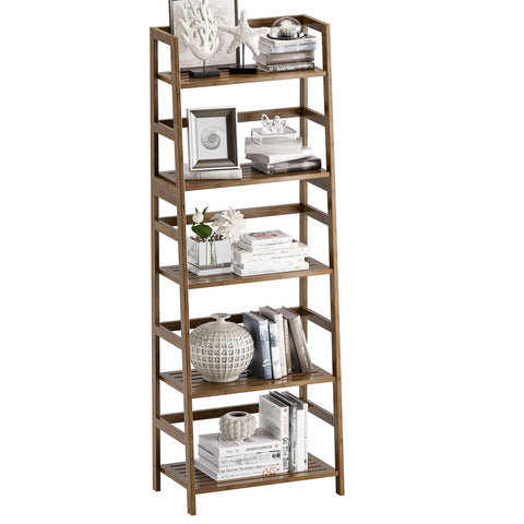 vovala Ladder Shelf, 5-Tier Bookshelf, All Bamboo Heavy Duty Bookcase, Freestanding Open Wood Storage Rack