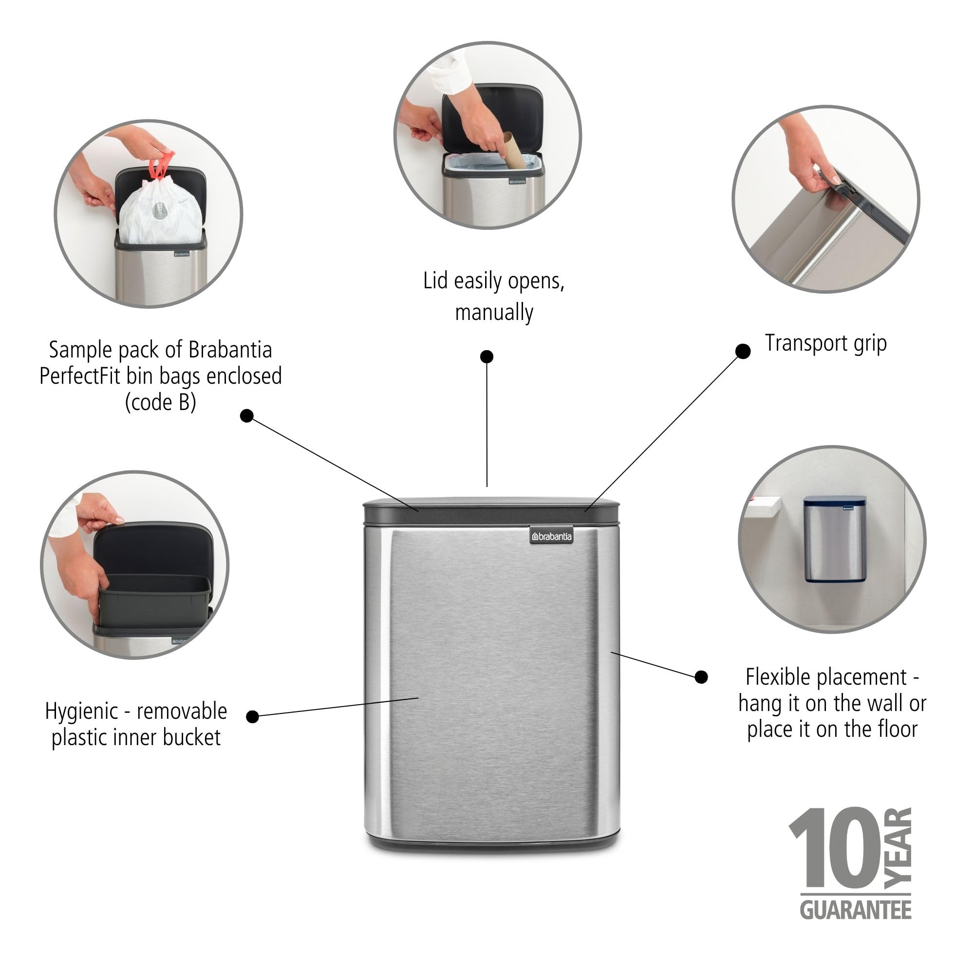 Brabantia - Bo Waste Bin 7L - Small & Stylish Rubbish Bin - Easy Open and Soft Closing Lid - Hygienic & Space Efficient - Wall Mountable