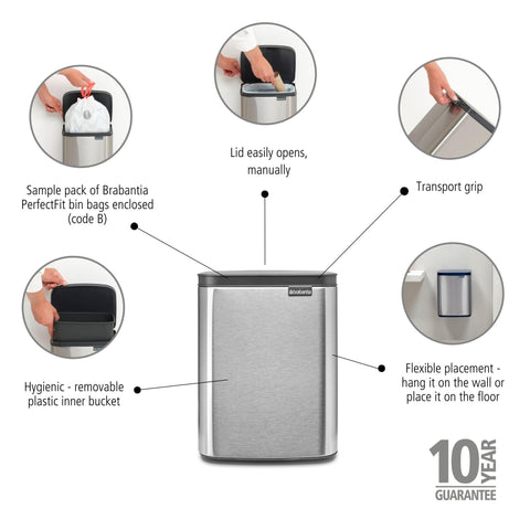 Brabantia - Bo Waste Bin 7L - Small & Stylish Rubbish Bin - Easy Open and Soft Closing Lid - Hygienic & Space Efficient - Wall Mountable