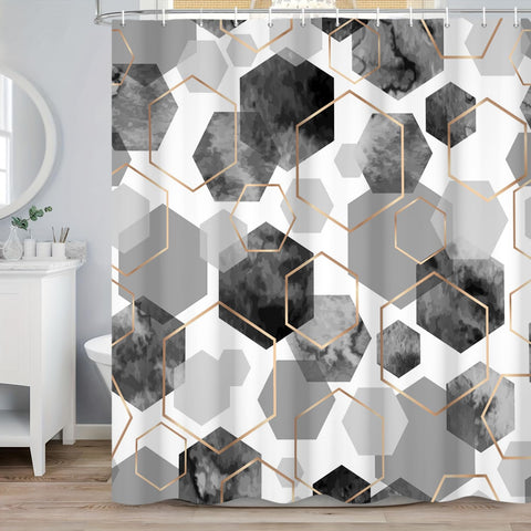 ASDCXZ Gray Duschvorhang 180x200 cm, Modern Abstract Art Geometric Gray Gold Hexagon Pattern Waterproof Bath Curtain Polyester Textile Washable