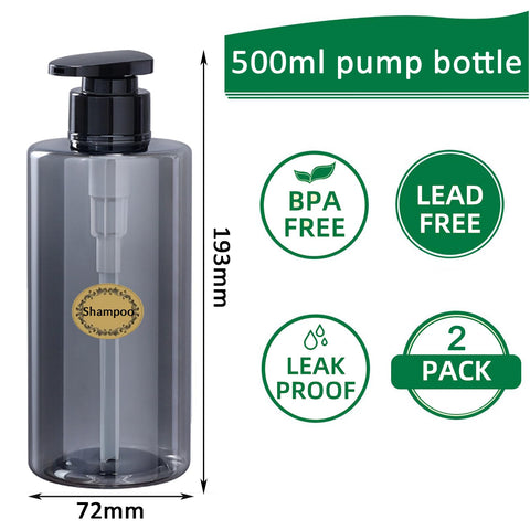 Apstaqeoo 2Pcs 500ml/17oz Empty Pump Bottle Dispensers - Refillable Plastic Shampoo Bottle Hand & Dish Soap Dispenser with pump