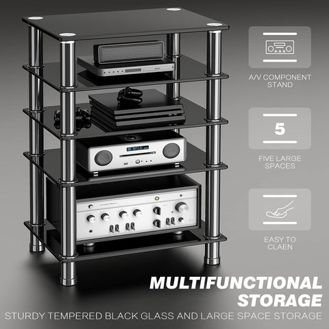 RFIVER HiFi Racks and Stands Audio Rack Cabinet AV Shelf TV Table Stand 5 Tiers Tempered Glass Shelves for Turntable Record Player DVD Stand Audio