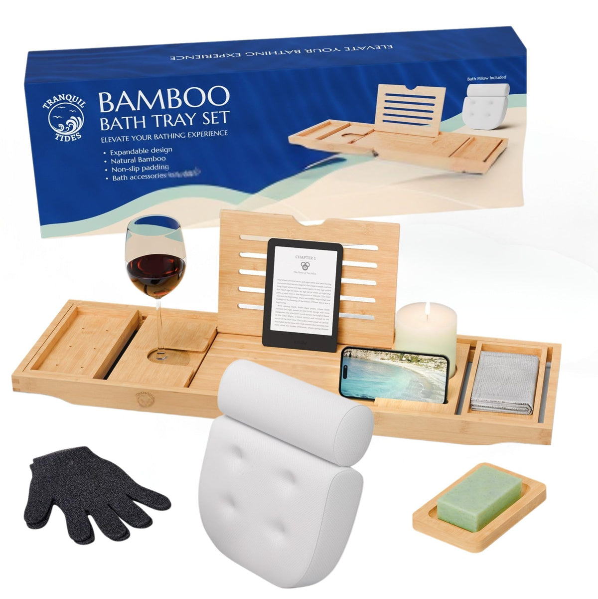 Tranquil Tides Bamboo Bath Caddy Tray with Pillow – Luxury Bath Board Set with Soap Dish, Facecloth & Exfoliating Gloves – Over Bath Tray Gift Set
