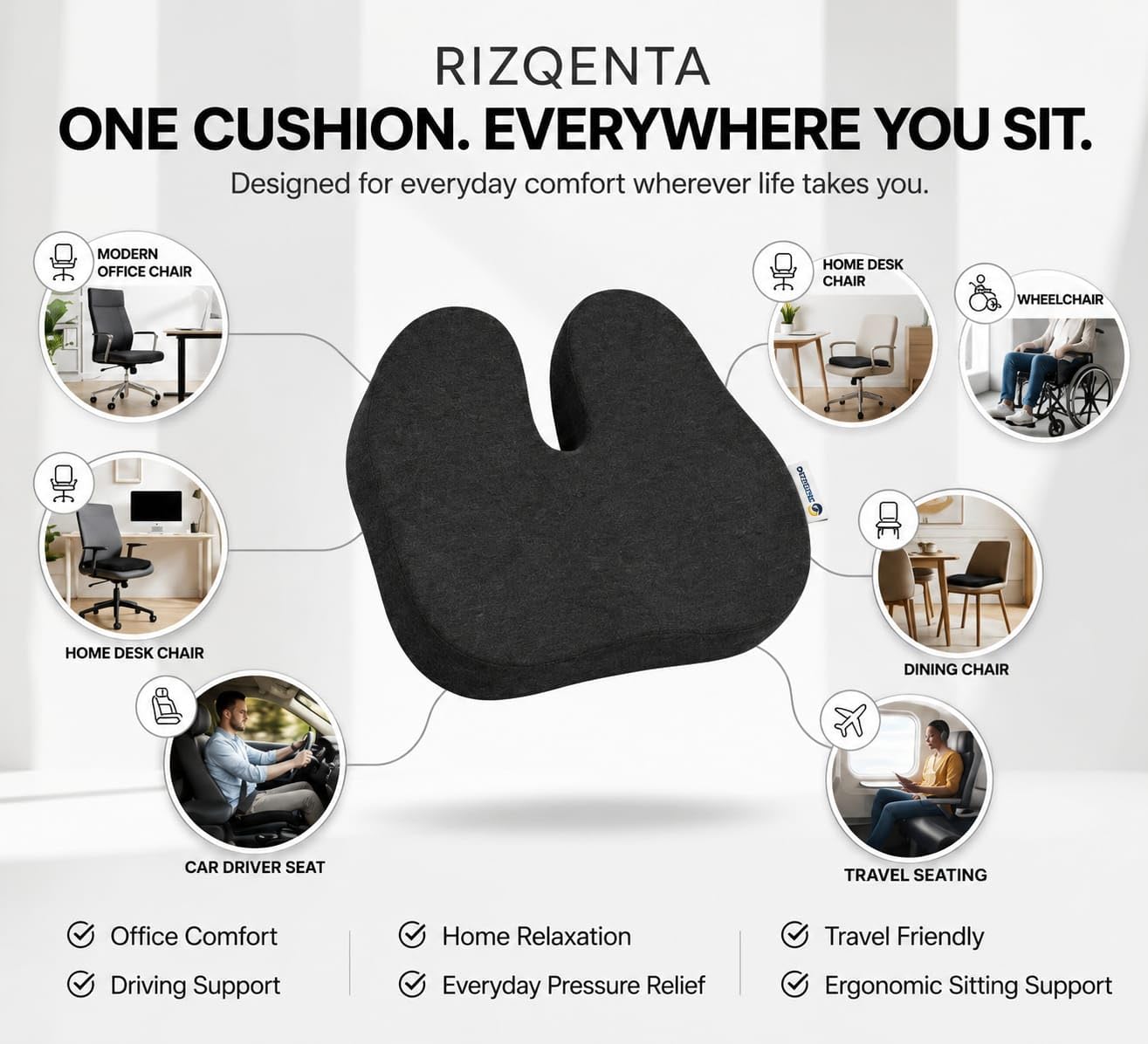 RIZQENTA Memory Foam Office Chair Cushion, Ergonomic U-Shaped Seat Cushion for Coccyx & Tailbone Support, Car Seat, Home, Desk Chair & Wheelchair
