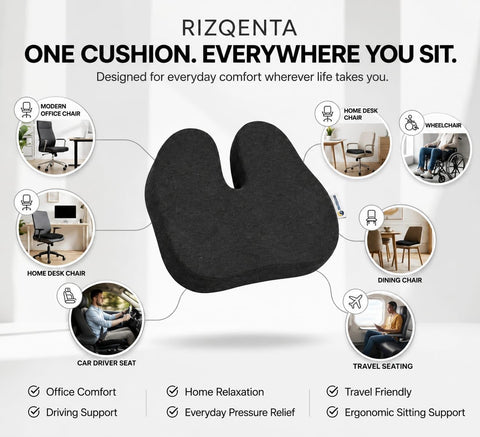 RIZQENTA Memory Foam Office Chair Cushion, Ergonomic U-Shaped Seat Cushion for Coccyx & Tailbone Support, Car Seat, Home, Desk Chair & Wheelchair
