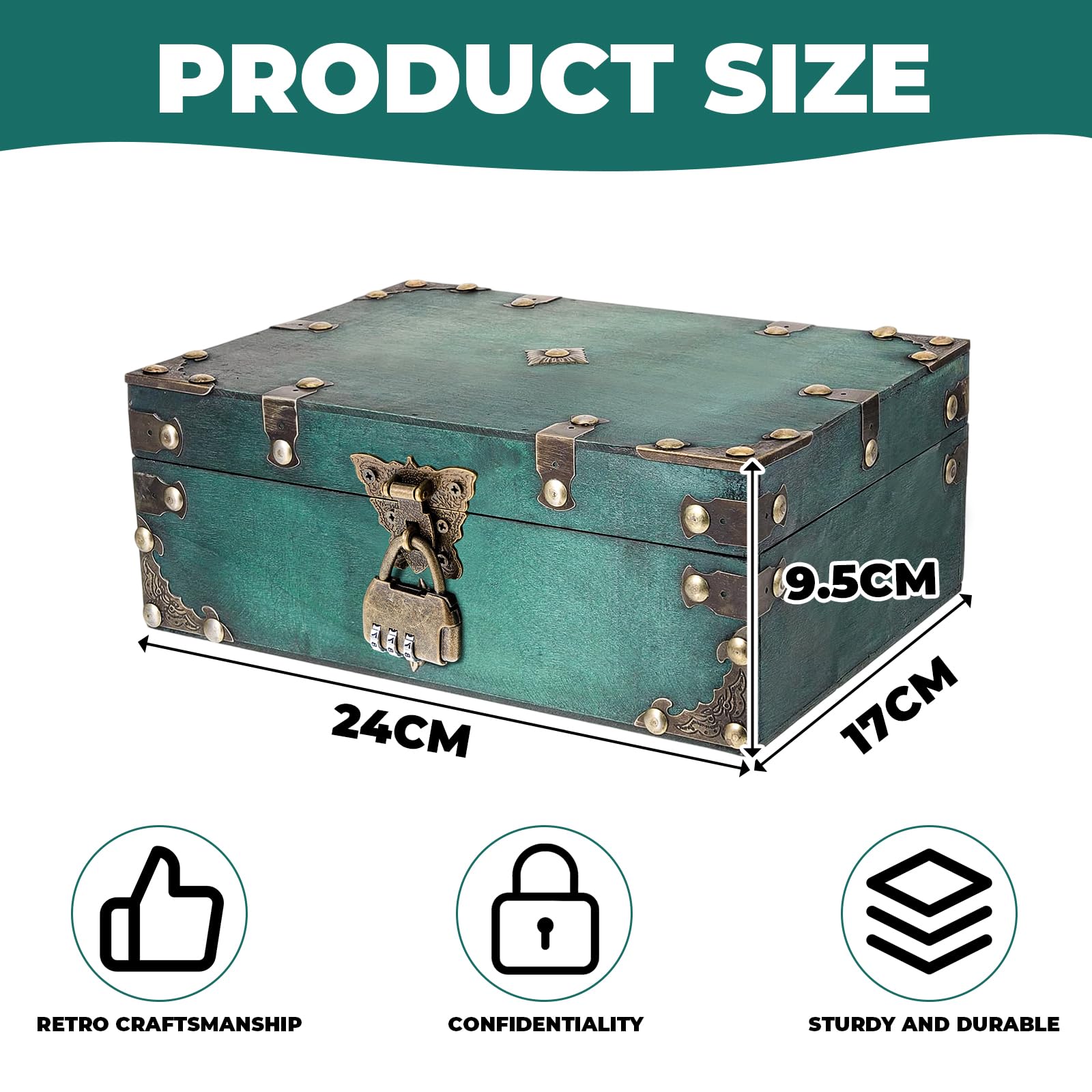 SZHUGEKI Vintage Wooden Treasure Chest Box with Lock, 24 x 17 x 9.5 cm