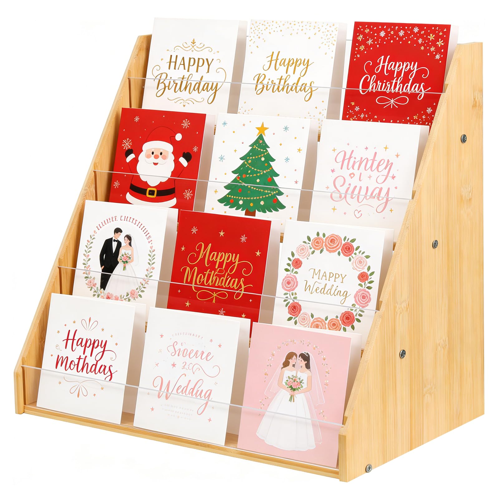 4 Tier Greeting Card Display Stand - Bamboo Acrylic Organiser Rack, Multi-Purpose Holder,Clear Acrylic Display Rack, Desktop Organiser for Postcards