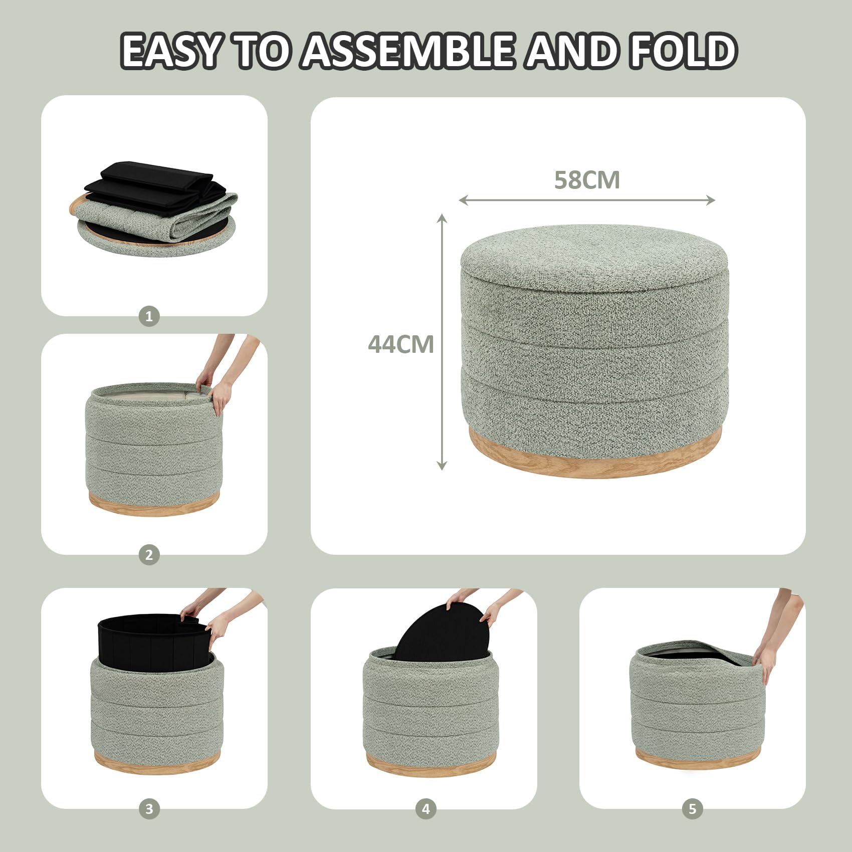 PINPLUS Round Chenille Storage Ottoman, Tray Top, 58x58x44 cm, Sage Green