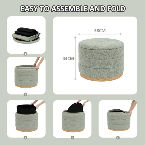 PINPLUS Round Chenille Storage Ottoman, Tray Top, 58x58x44 cm, Sage Green