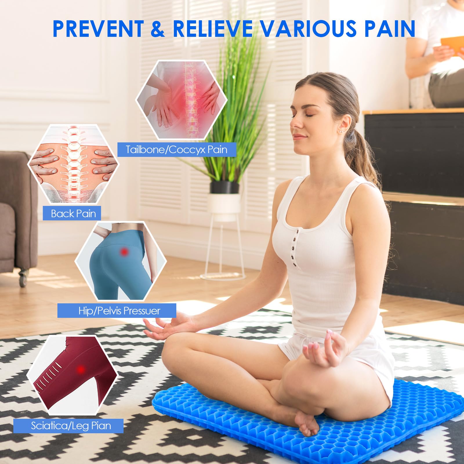 wiksite Gel Seat Cushion, Honeycomb Design Double Thick Gel Cushion with Cloth Cover Ergonomic & Cool Seat Cushion for Home Office Chair Car