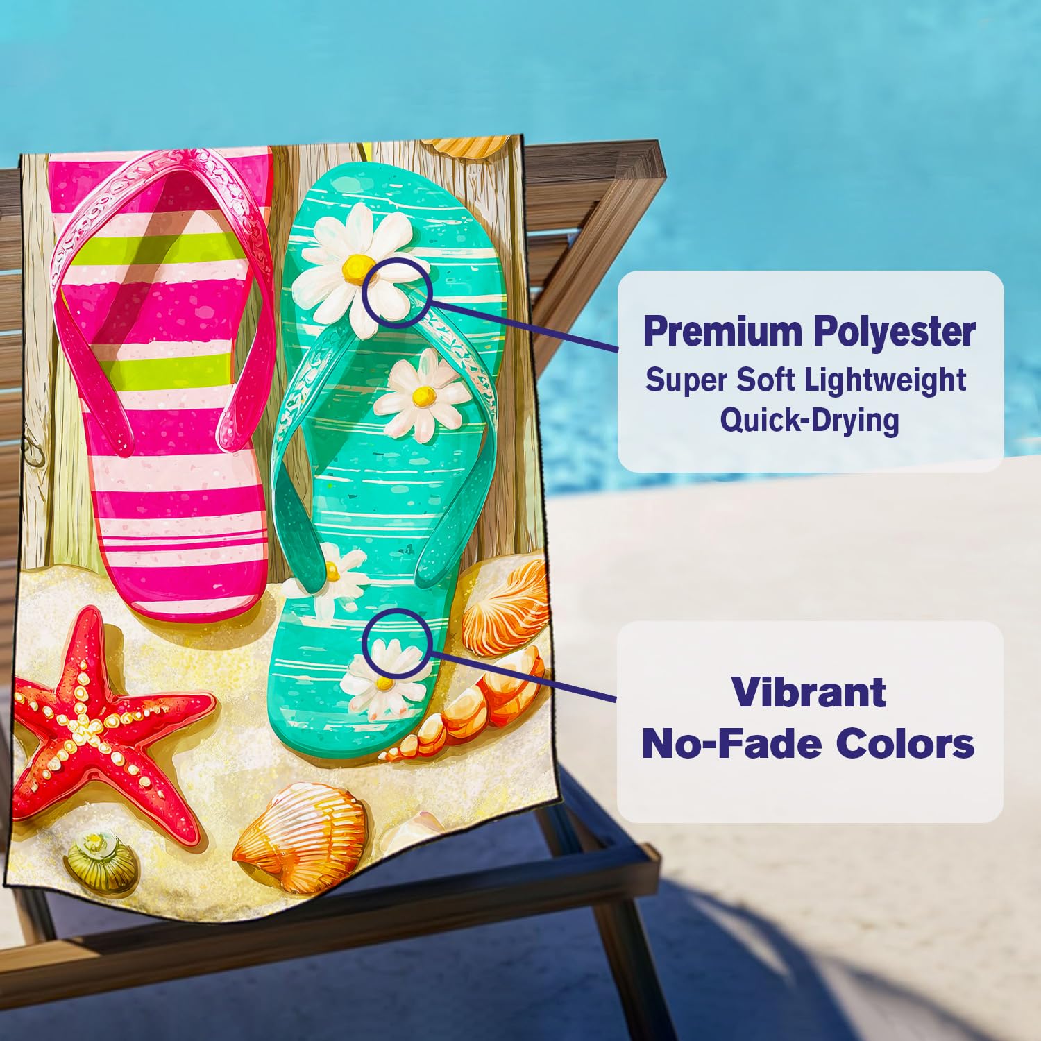 Violetpos Flip Flop & Starfish Beach Towel, Extra Large 180x90 cm 250GSM Microfibre, Sand Free Quick Dry