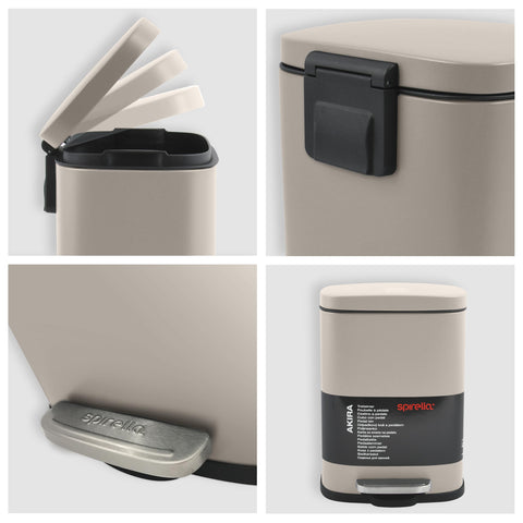 Spirella Akira Collection Pedal Bin 21.4 x 17.6 x 30 cm (5 Litres), Steel, Beige, 21.4 x 17.6 x 30 cm