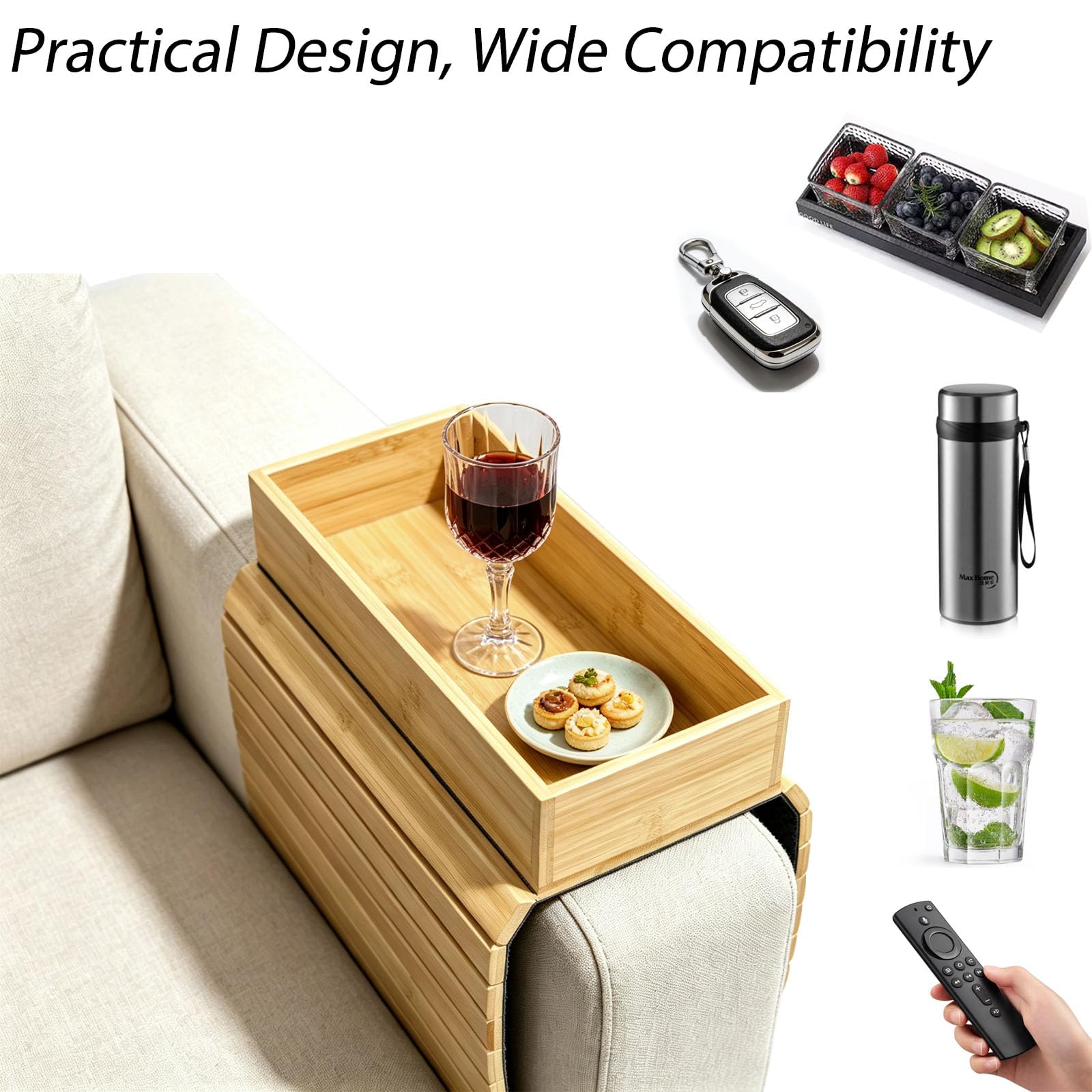 QQdou Bamboo Sofa Arm Tray — Foldable Couch Armrest Table with Cup Holder, Anti-Slip Wooden Arm Tray Organiser for Remote, Phone, Snacks & Drinks