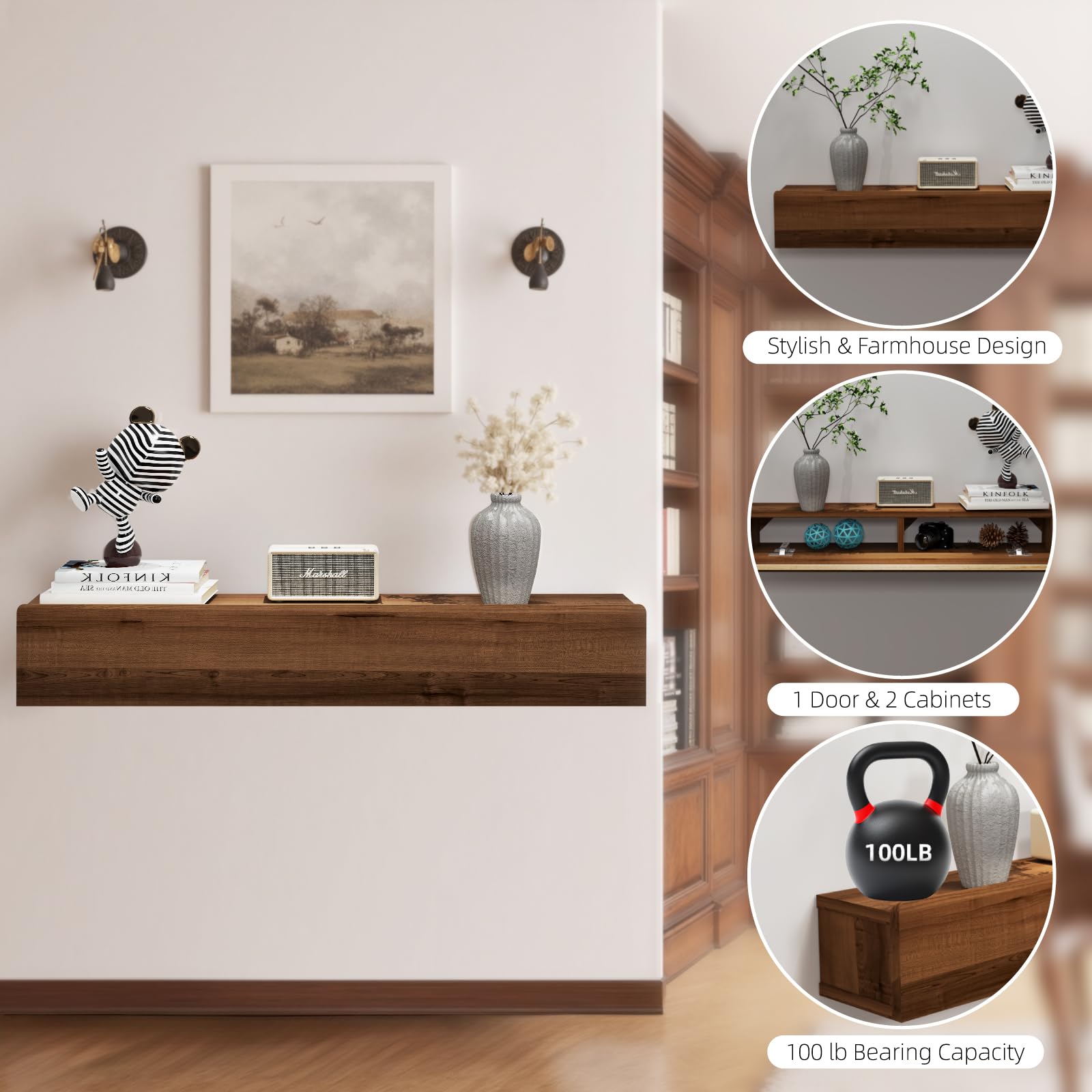 Pmnianhua Floating Solid Wood Console Table, Wall Mounted Narrow Entryway Table with Storage Shelf