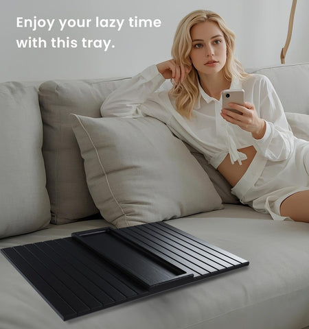 Fibogollo Sofa Arm Tray,Bamboo Folding Couch Arm Tray,1 Pc Sofa Armrest Trays with Anti-Slip Pad for Drinks,Snacks,Phone,Remote Control（Black）