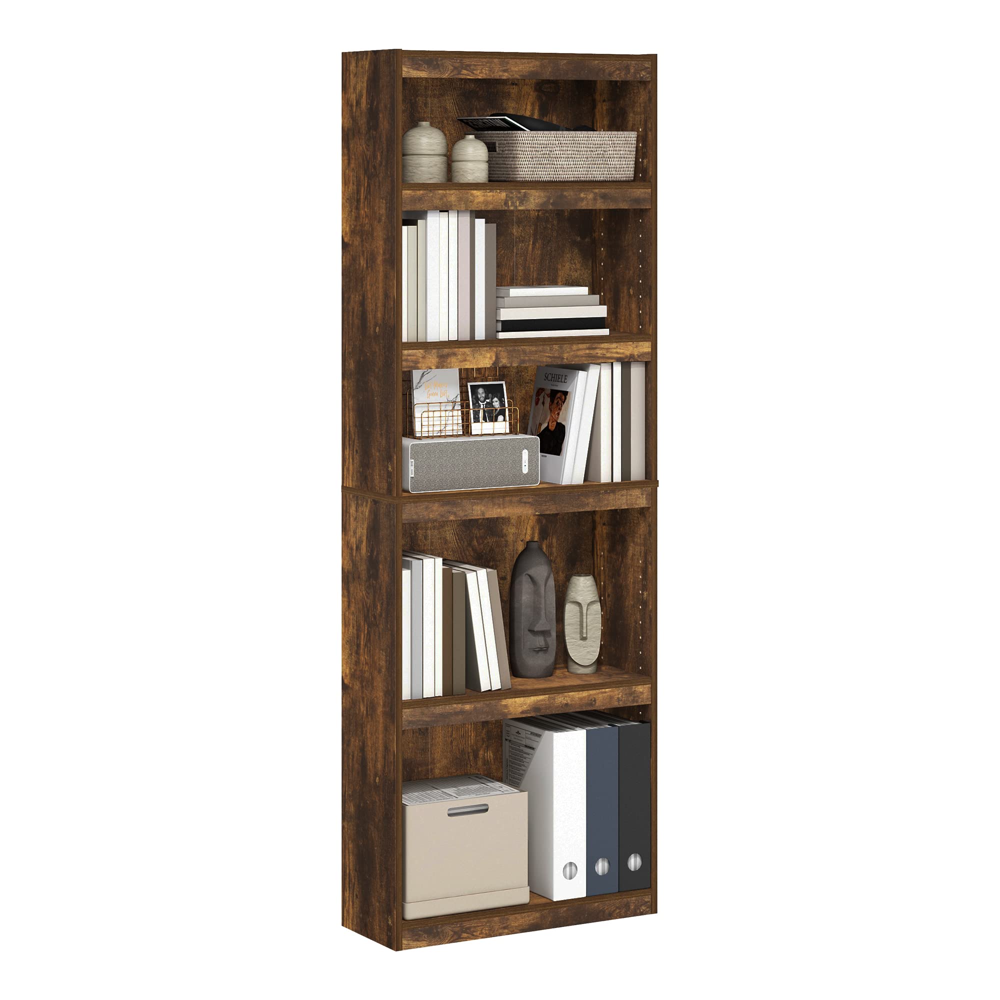 Furinno JAYA Book Shelf, 5-Tier Bookshelf, Bookcase, with Adjustable Shelves, 9.5 x 24.5 x 71.1, for Home Office, Living Room, Amber Oak