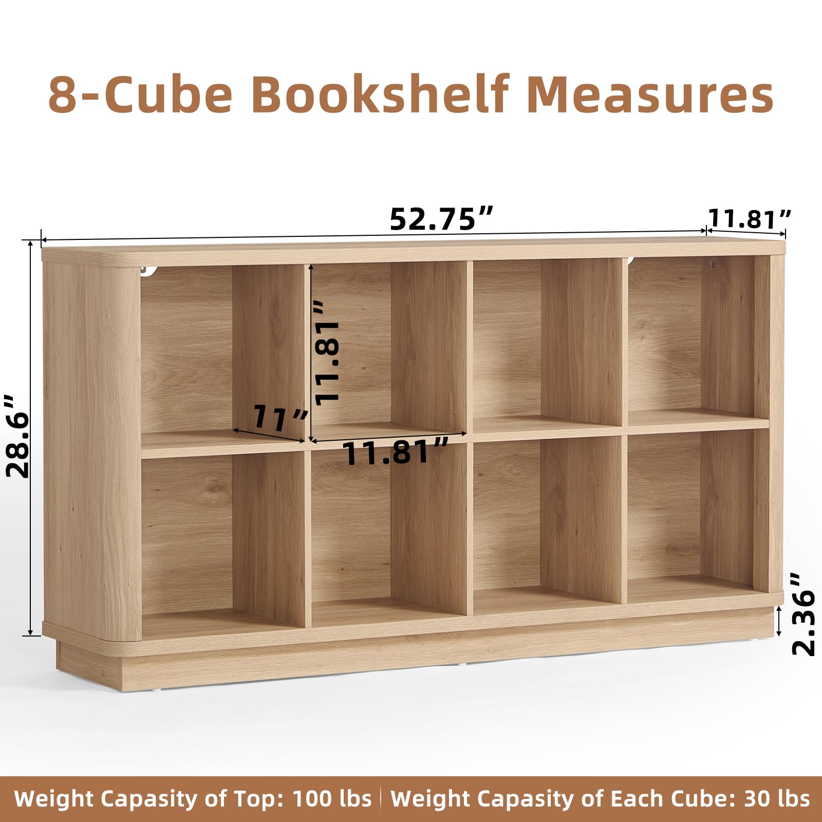 LELELINKY 8 Cube Storage Bookcase, 53" Wide Wooden Book Shelf with Thickened Base, Freestanding 2-Tier Open Book Case Unit with Curved Edge