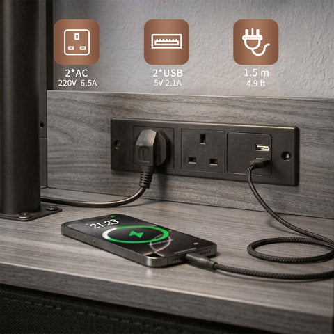 Bedside Table with Charging Station, Narrow Side Table on Wheels with Adjustable Swivel Top, Large Drawer Storage and 360° Rotating Tabletop