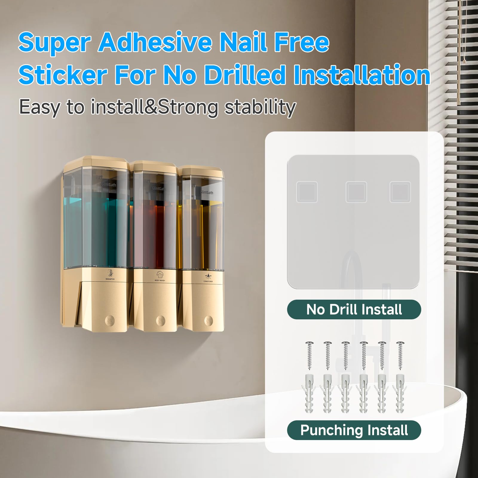 Shampoo and Conditioner Dispenser,Shower Dispenser 3 Chamber No Drill Shampoo Dispenser for Shower Wall Mounted for Bathroom Hotel,Large Capacity 3 *