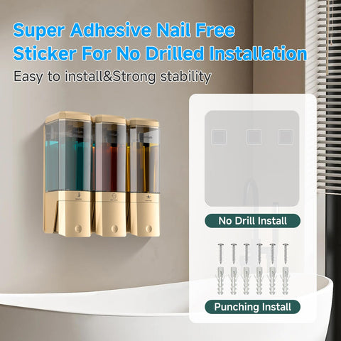 Shampoo and Conditioner Dispenser,Shower Dispenser 3 Chamber No Drill Shampoo Dispenser for Shower Wall Mounted for Bathroom Hotel,Large Capacity 3 *