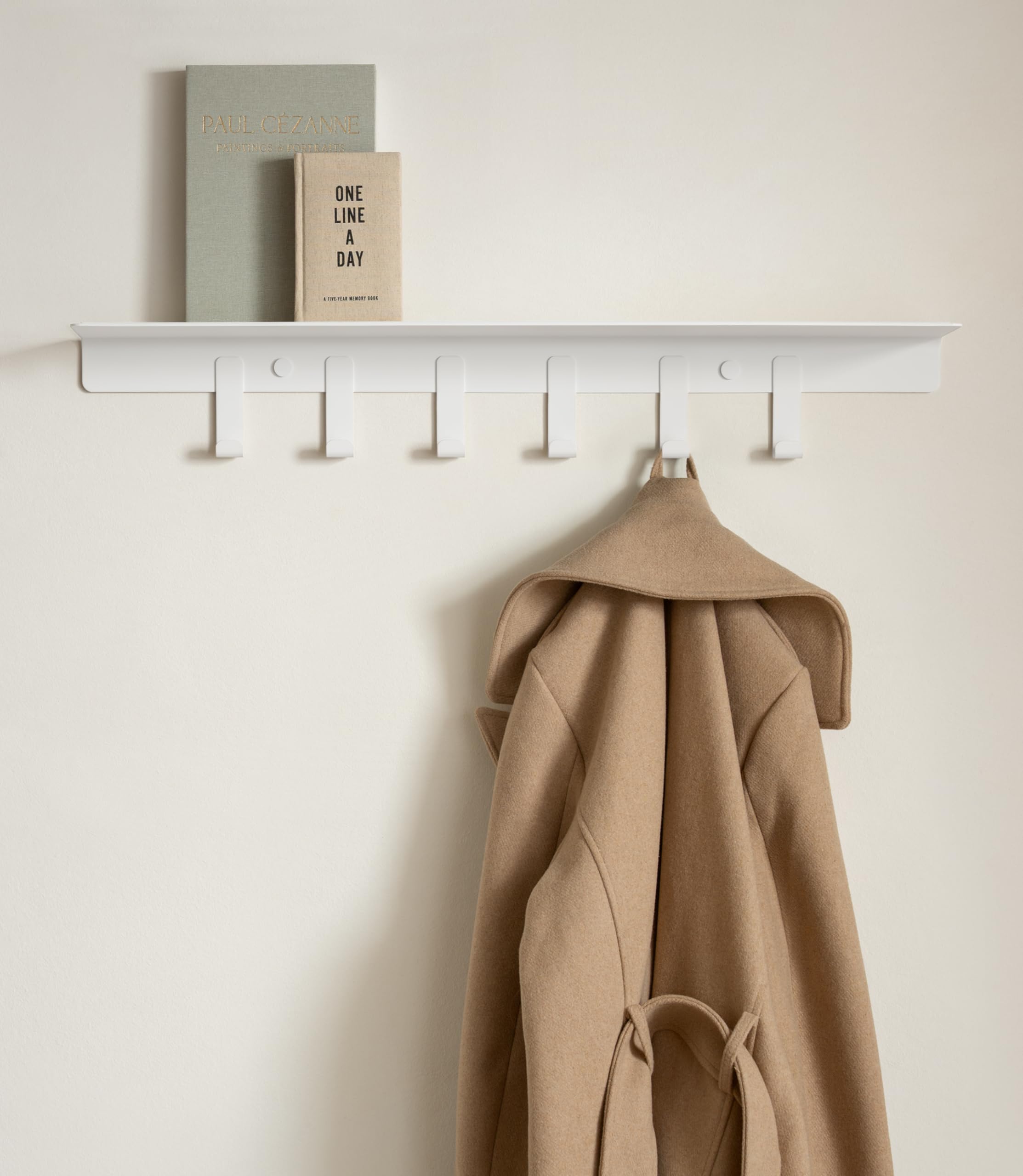 Kazai. Wall Mounted Coat Rack with Shelf 'Holmsen' | Modern Coat Hooks Wall Mounted | Hanger with Storage Shelf | Metal Hook Rack for Hallway | White