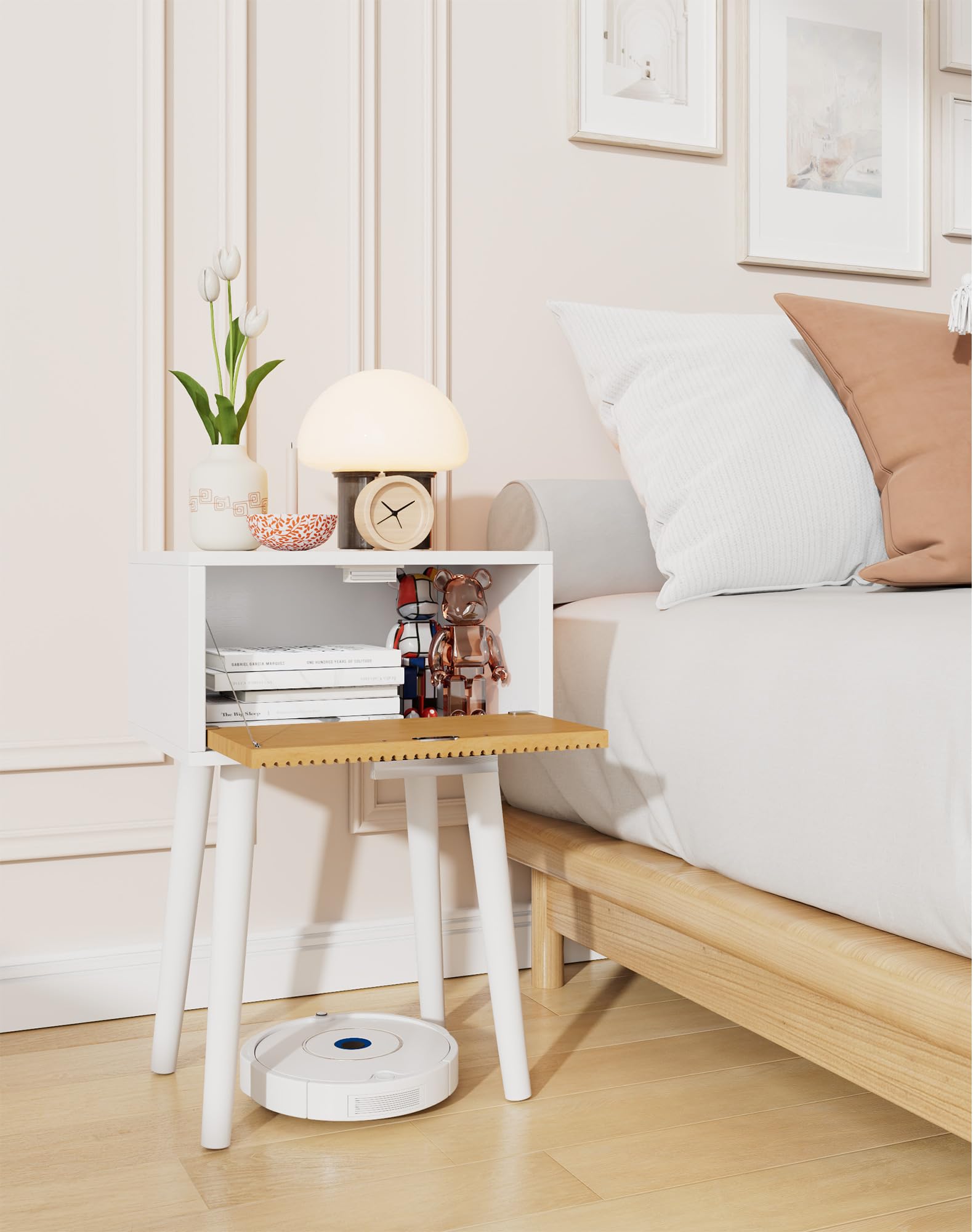 YMYNY Fluted Nightstand Set of 2, Small End Table, Modern Coffee Table with Drawer, Solid Wood Legs, Retaining Chain, 35x27x53cm