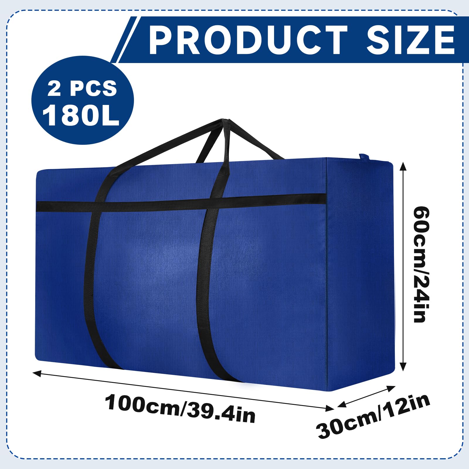 2 Pack 180L Jumbo Moving Bags, Storage Bags, Moving Box with Zip, Blue