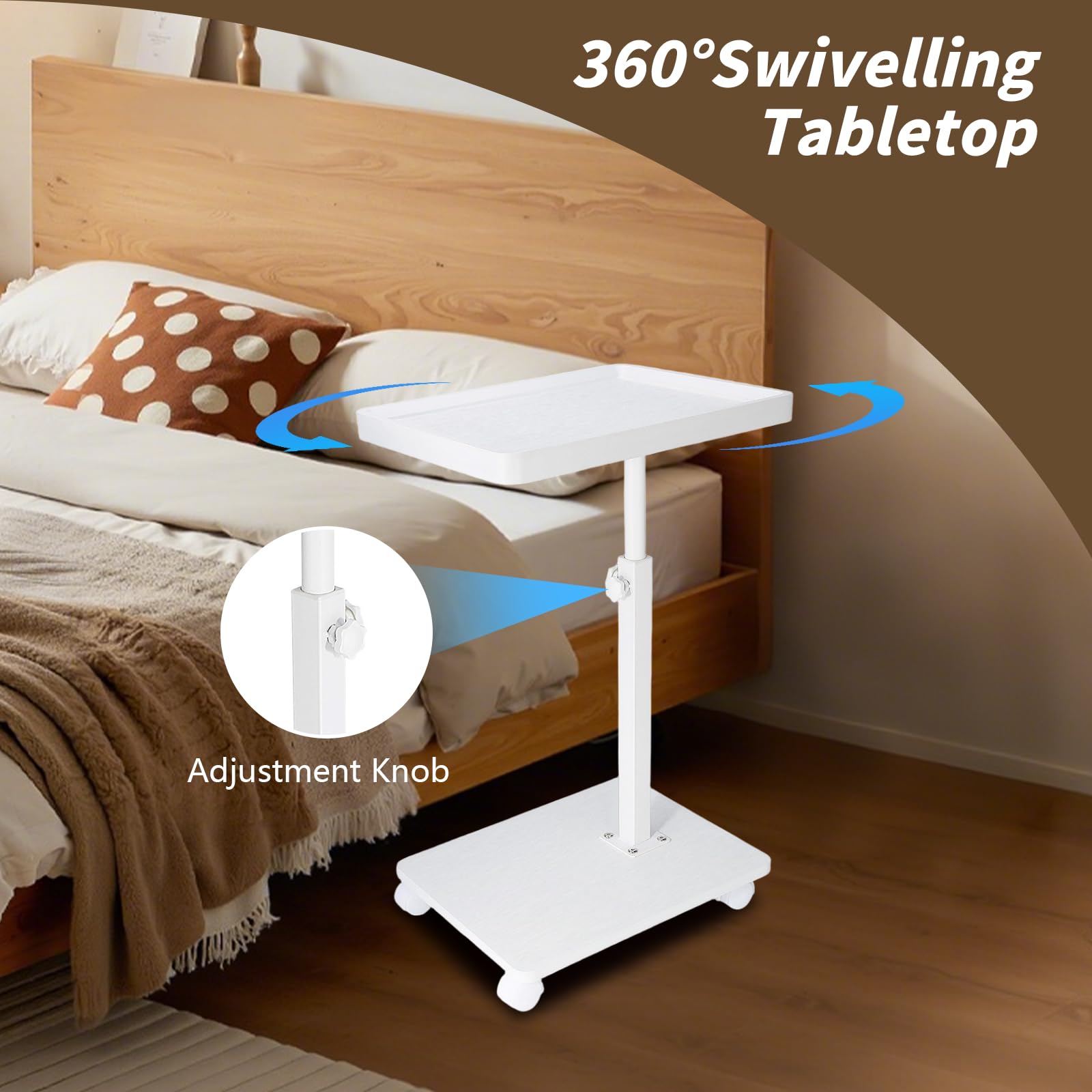 XUDREZ Adjustable Side Table, C Shaped Small Table with 4 Wheels 364° Swivel Tray, End Table for Living Room Bedroom Sofa Small Spaces (White