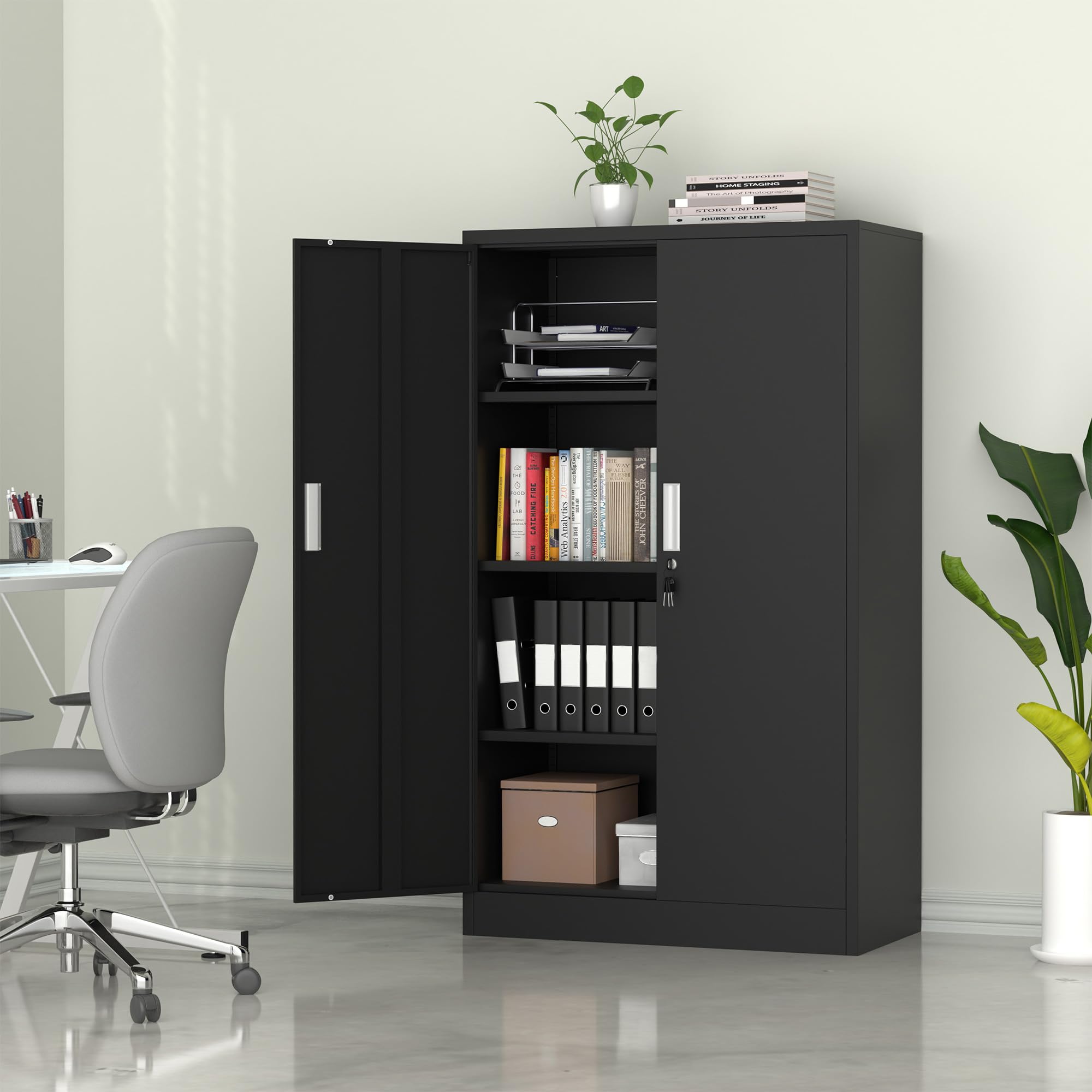 iJINGUR Metal Storage Cupboard with Locking Doors and 3 Adjustable Shelves, Lockable Steel Storage Cabinet for Home Office Garage Kitchen Pantry