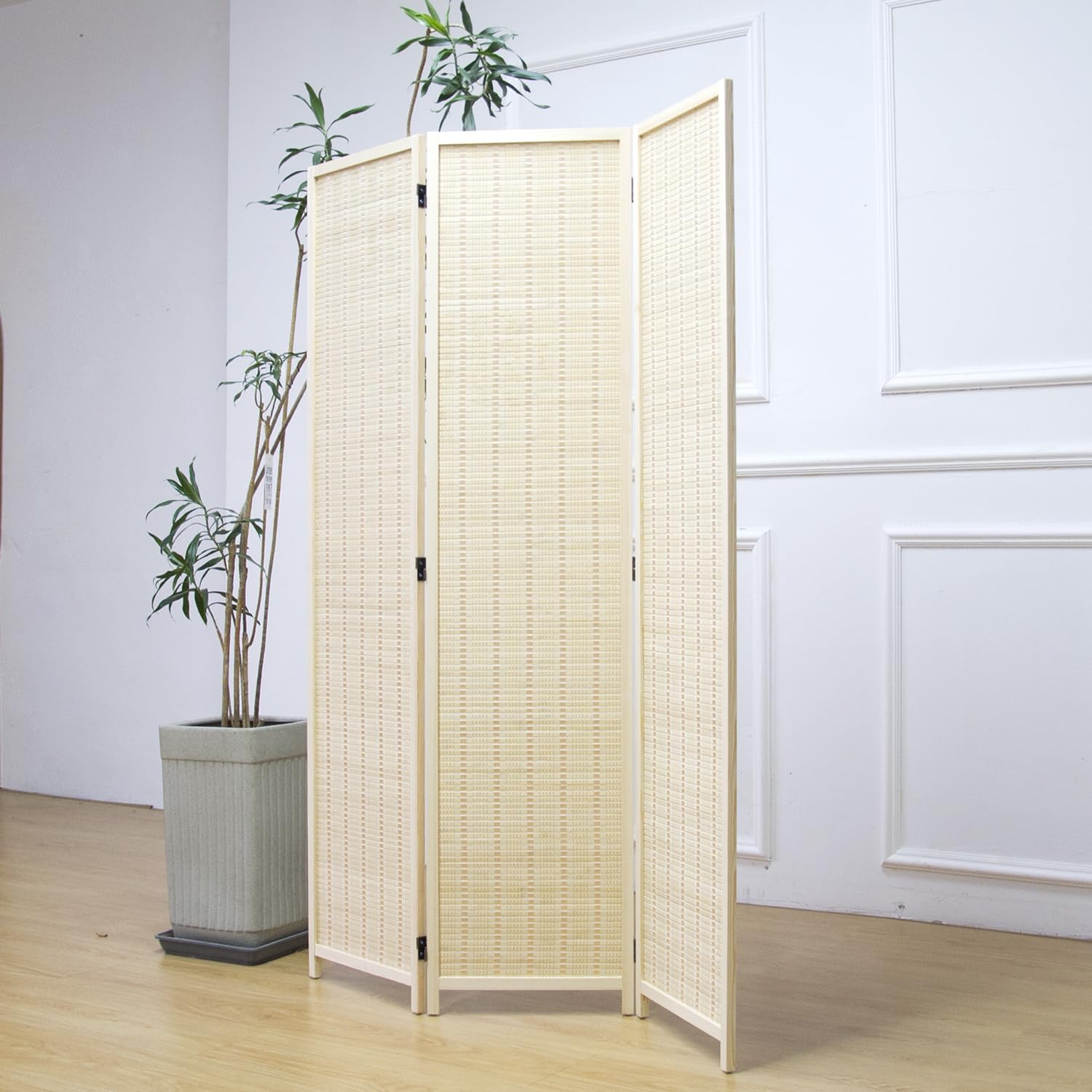Furnnylane 3 Panel Bamboo Room Divider and Folding Panel Screen,Bamboo Panel Divider for Room Separation,Beige,170 cm H x 117 cm W
