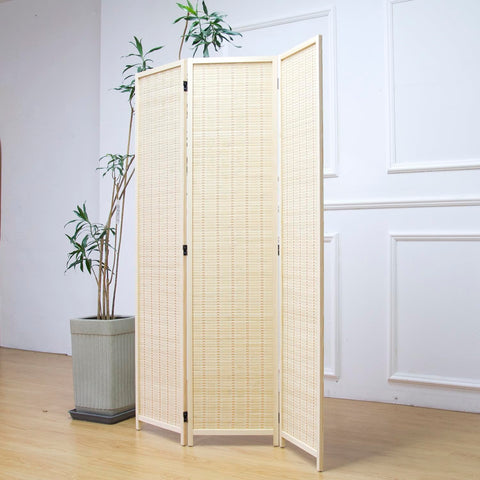 Furnnylane 3 Panel Bamboo Room Divider and Folding Panel Screen,Bamboo Panel Divider for Room Separation,Beige,170 cm H x 117 cm W