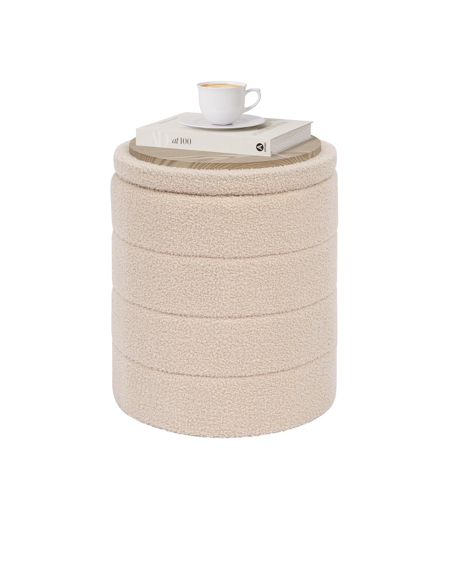 PINPLUS Round Ottoman Storage, Convertible Table, Beige, 37x37x45 cm