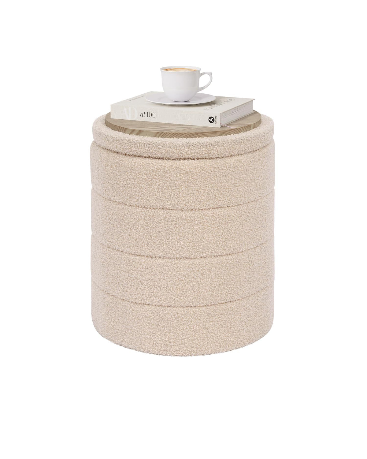 PINPLUS Round Ottoman Storage, Convertible Table, Beige, 37x37x45 cm