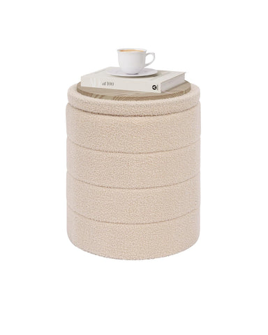 PINPLUS Round Ottoman Storage, Convertible Table, Beige, 37x37x45 cm