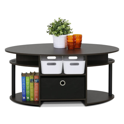 Furinno JAYA Coffee Table, Oval Modern Coffee Table with Shelves and Storage Bin, Side Table, for Living Room, Bedroom, Home Office, Walnut
