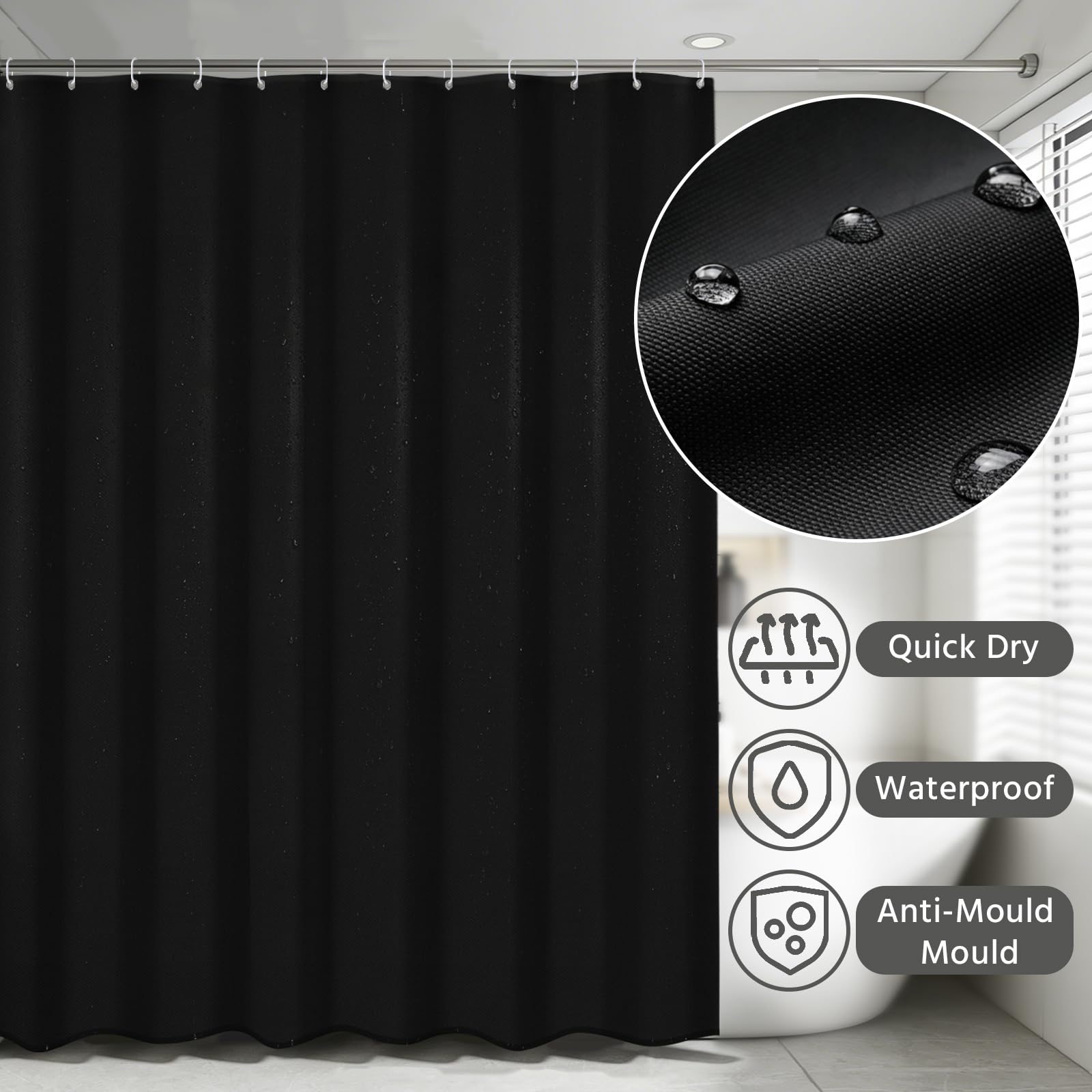 FAVORTALK Black Shower Curtains Waterproof Polyester Fabric Shower Curtain Mould Proof Mildew Resistant 180x180cm Solid Bathroom Curtain Set with 12