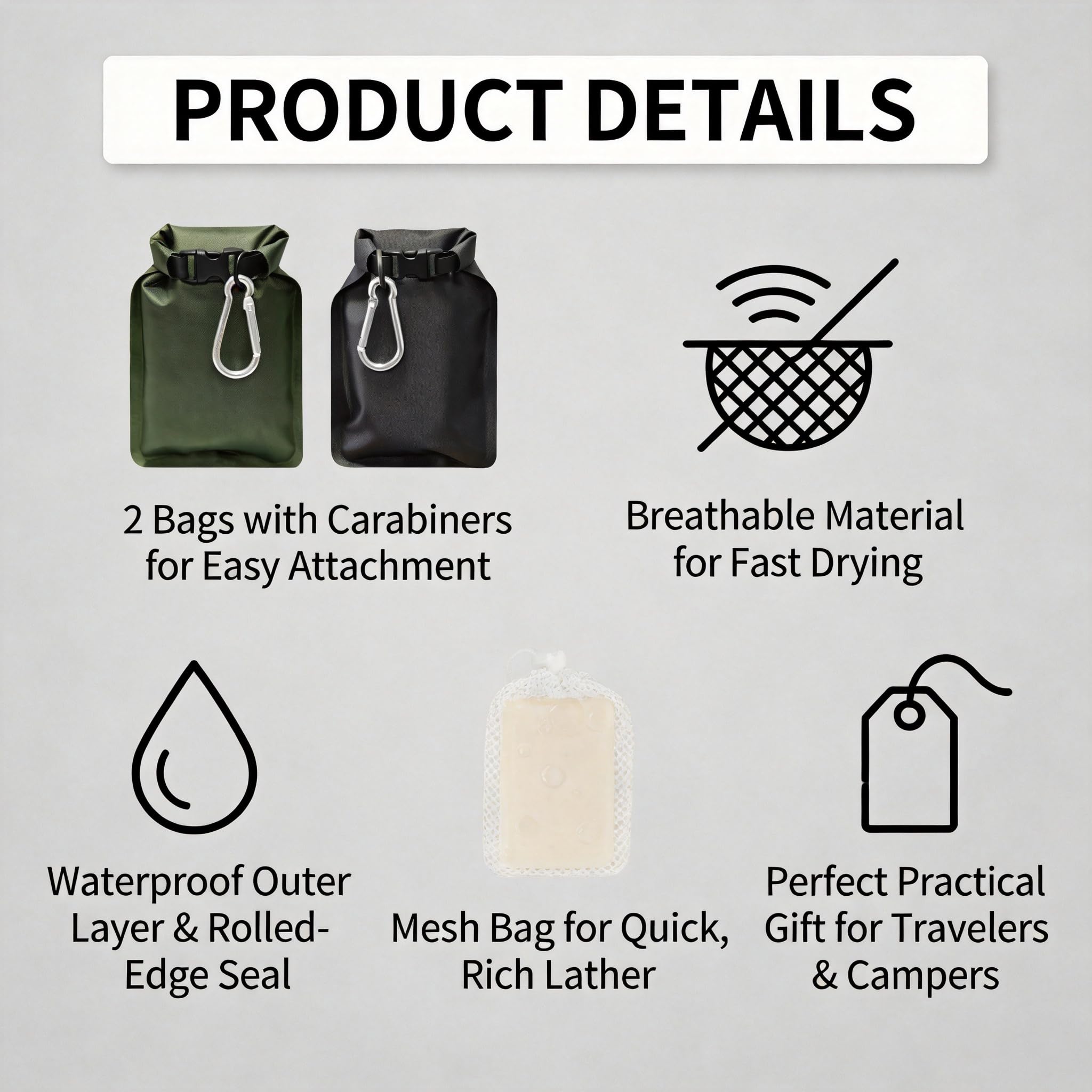 2 Pack Travel Soap Bag, Waterproof and Leakproof Soap Storage Pouches with Quick Dry Mesh Bag and Carabiner Portable Sealed Bag for Outdoor Camping