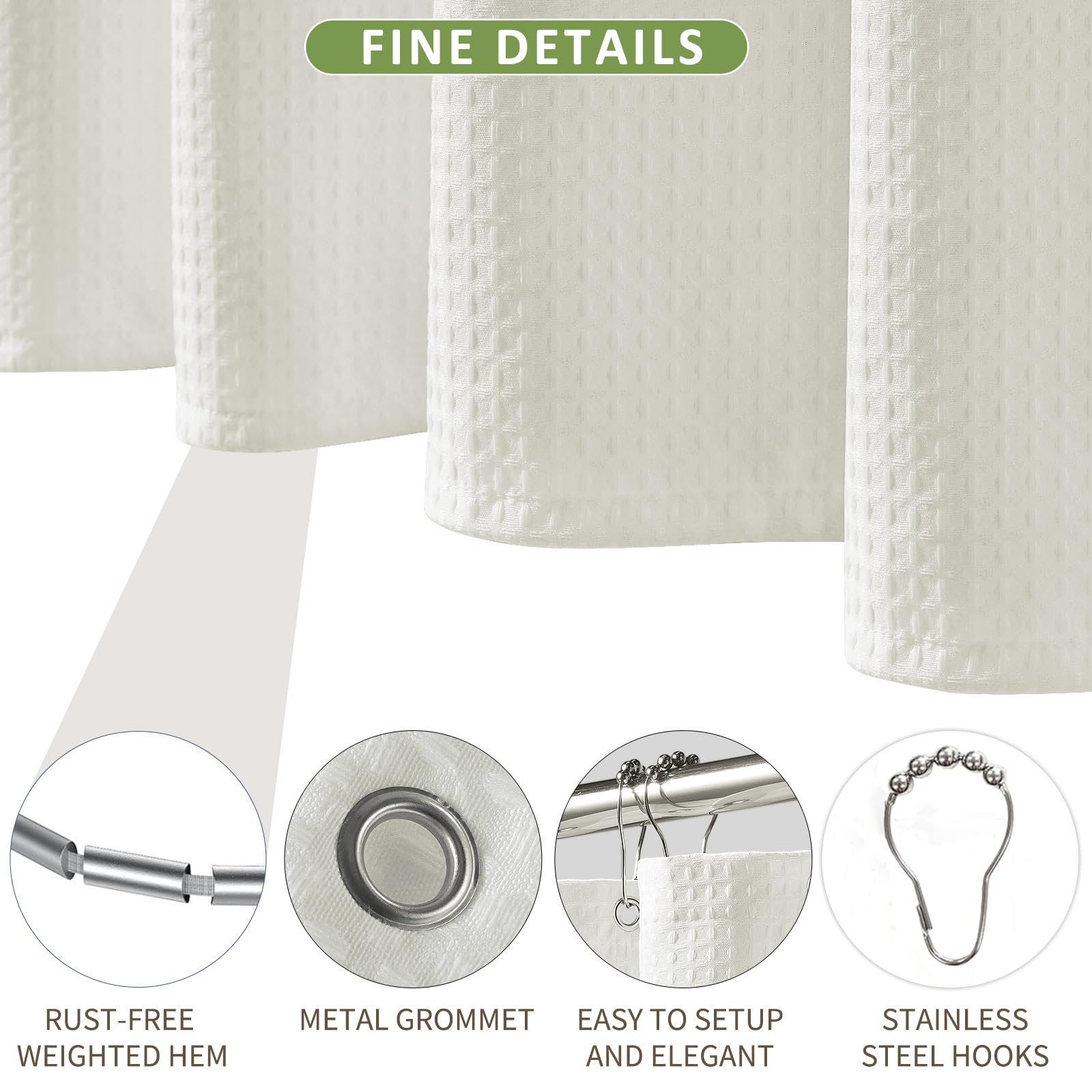 FY&XZH Heavy-Duty Waffle Weave Shower Curtain with Stainless Steel Hooks, Thick Fabric for Bathroom, Hotel, Spa & Salon-275 x 183cm (Beige)
