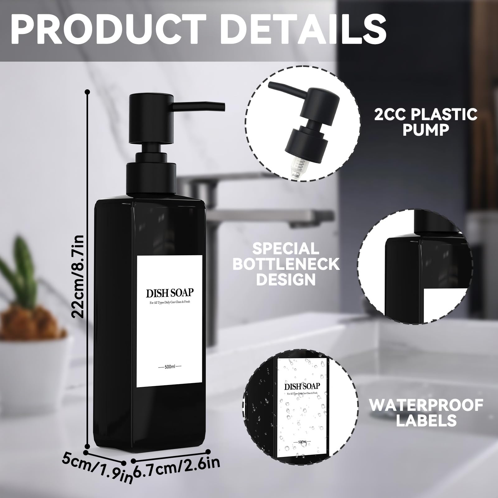 Set of 4 Plastic Shampoo Bottles for Filling, 500 ml Soap Dispenser Bottles Shampoo Dispenser Black Pump Dispenser with Funnel and Waterproof Labels