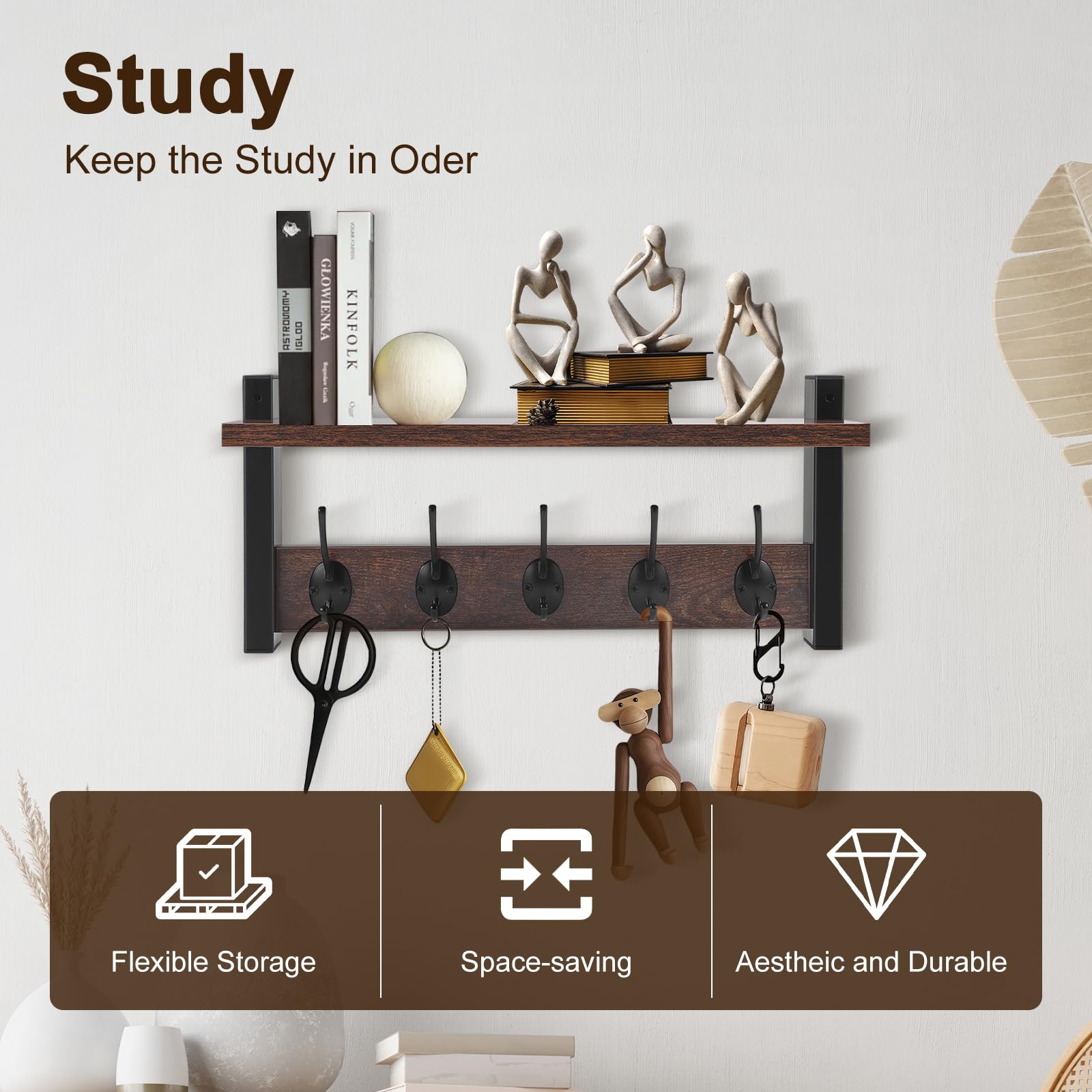 Coat Rack Wall Mounted - Coat Hooks Wall Mounted with 5 Coat Hooks Removable Floating Shelf for Kitchen, Bedroom, Bathroom, Rustic Brown