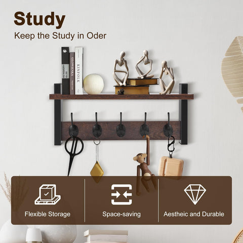 Dumenix Coat Rack Wall Mounted - Coat Hooks Wall Mounted with 5 Coat Hooks Removable Floating Shelf for Kitchen, Bedroom, Bathroom, Rustic Brown