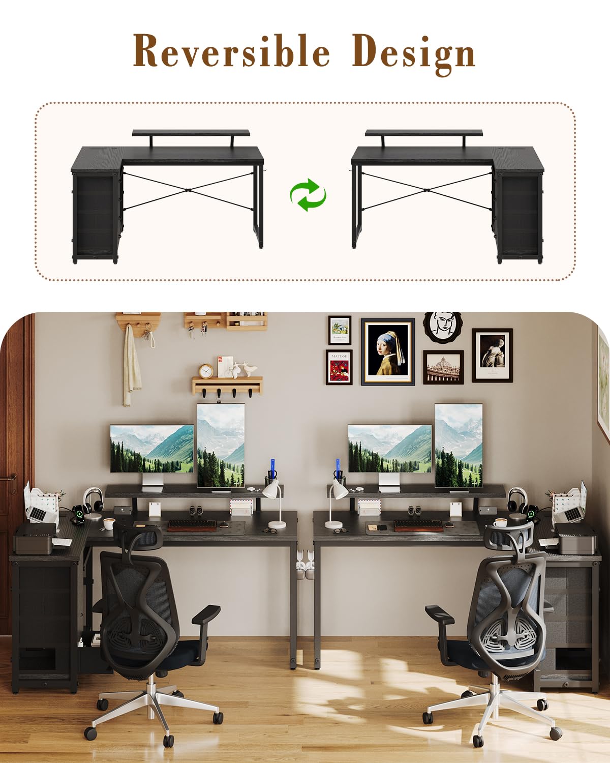 JUMMICO L Shaped Desk with 4 Drawers,140x80cm Computer Corner Desks with Power Outlets & USB Charging Port