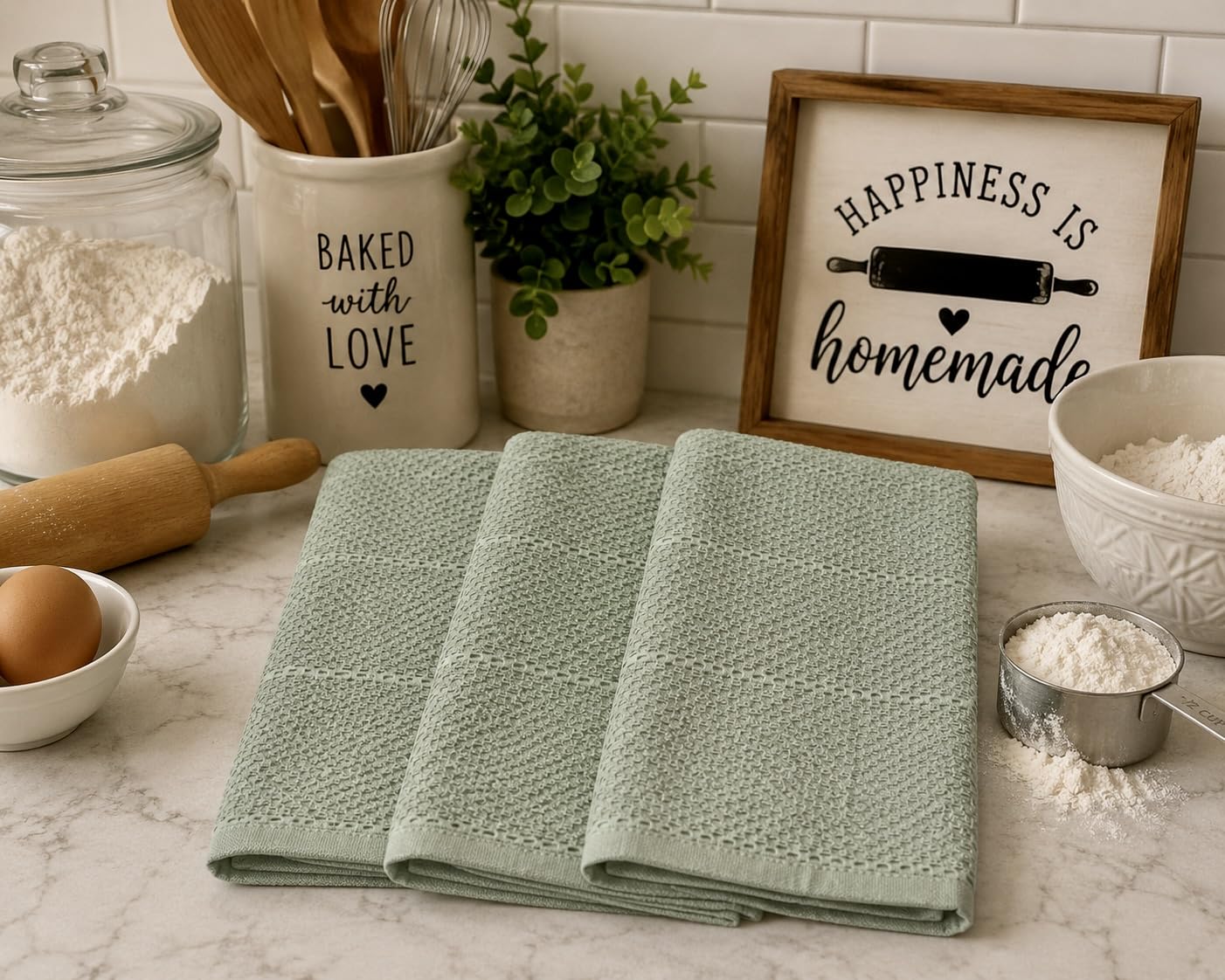 Sage Green Kitchen Dish Towels: 100% Cotton Cloth Soft Cleaning Drying Absorbent Textured Terry Loop, Set of 3 Multipurpose for Everyday Use