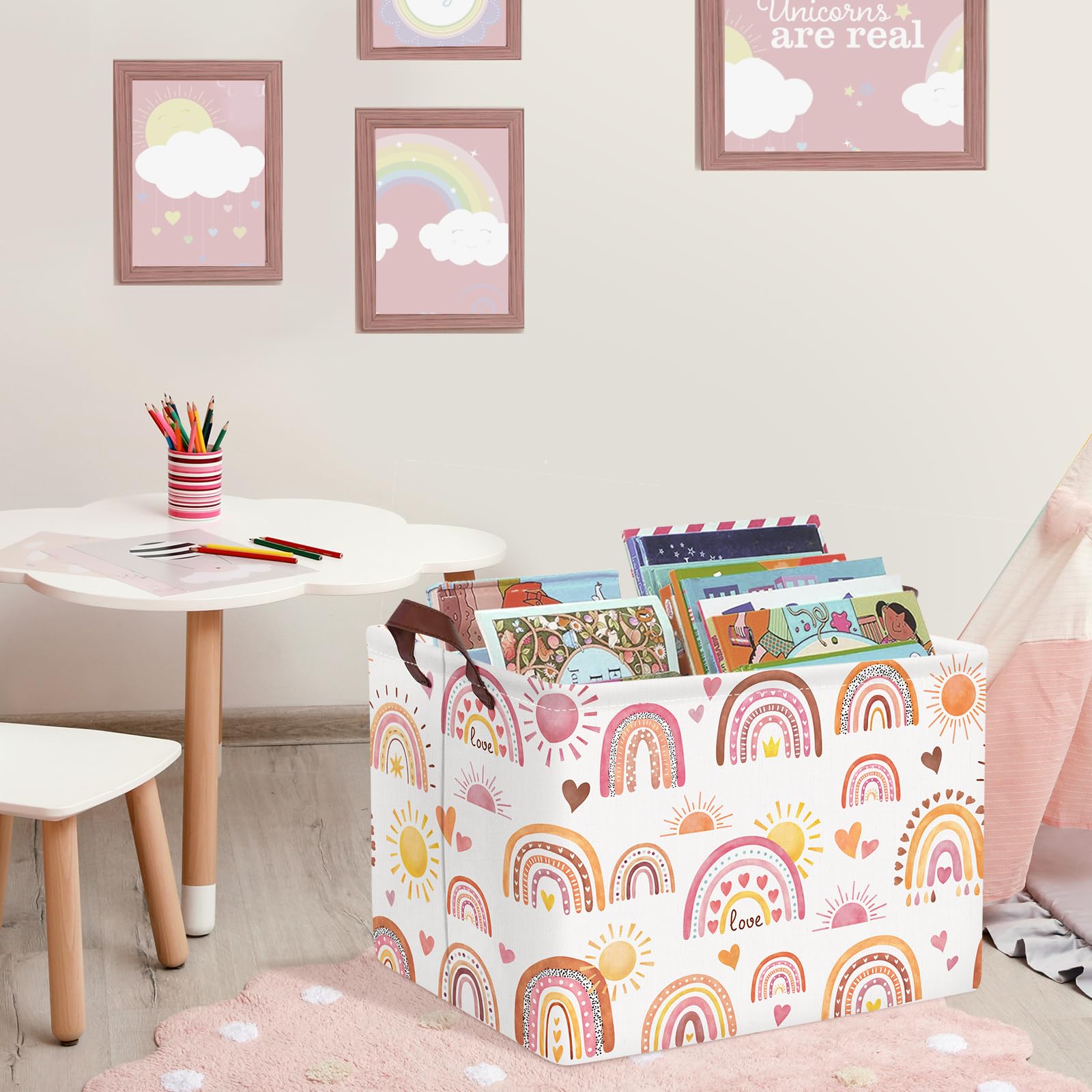 Clastyle Rainbow Baby Laundry Hamper Folding Clothes Kids Storage Basket Waterproof Girls Toy Box for Bedroom,Heart,40x30x30 cm