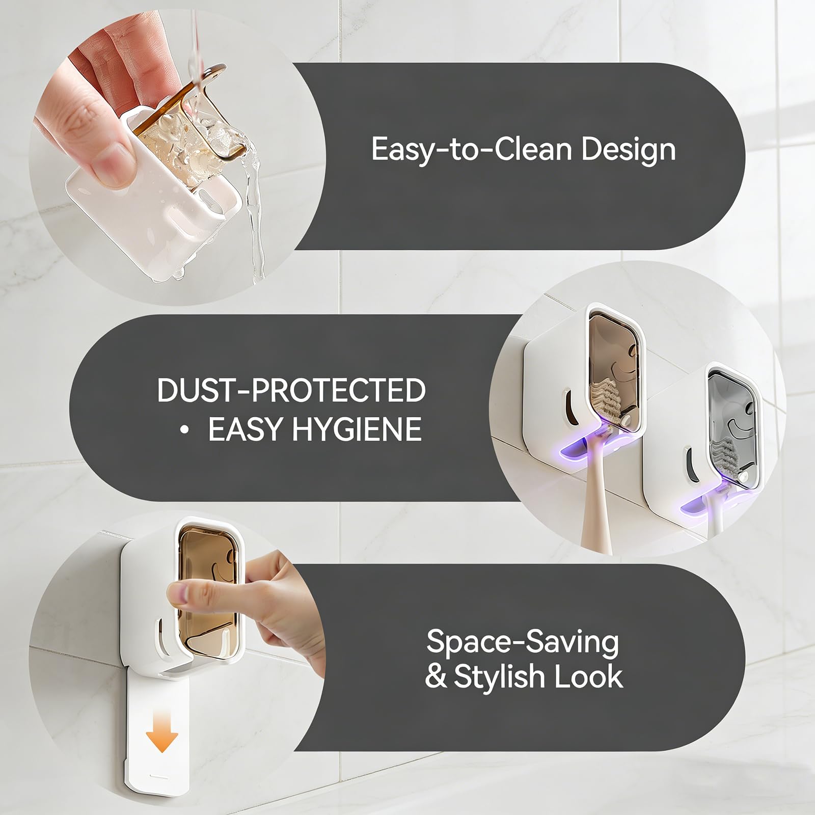 4pc Wall Mount Toothbrush Holder with Lid Self Adhesive, No Drill