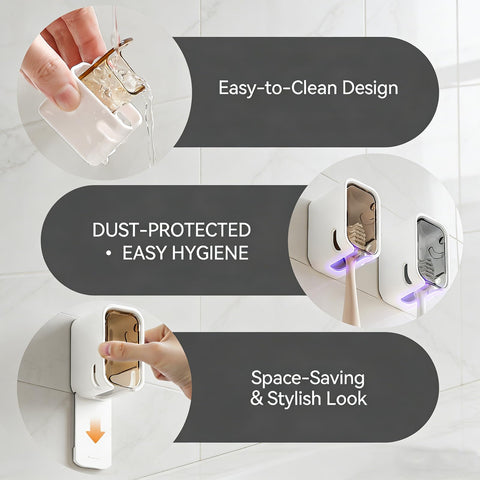 4pc Wall Mount Toothbrush Holder with Lid Self Adhesive, No Drill