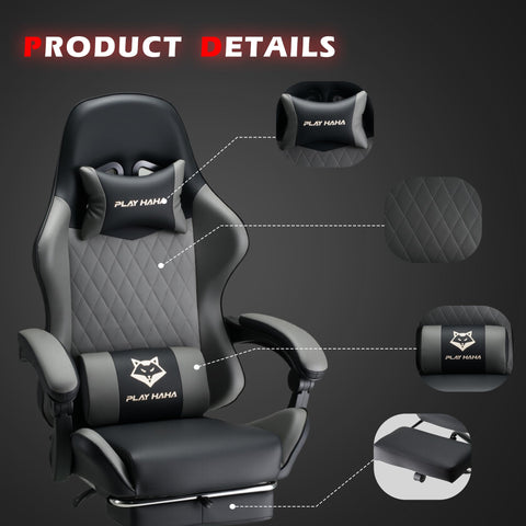 play haha Gaming Chair Ergonomic Reclining Seat With Footrest Adjustable Headrest And Lumbar Cushion High Back Support Padded Armrests Faux Leather
